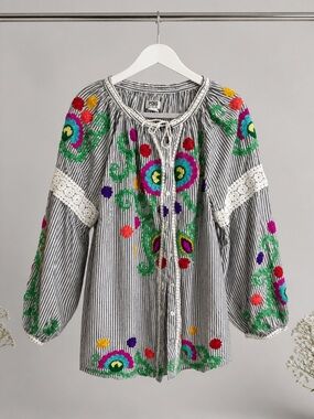 Boho Embroidered Peasant Blouse - Black Stripe with Multicolor Floral